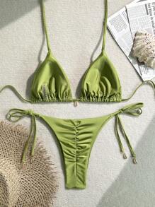 Set da 2 pezzi Bikini taglia comoda, colore tinta unita, design sexy con decorazione conchiglia in metallo