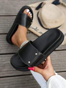 Sandalias planas impermeables de plataforma de unicolor minimalista para mujer, adecuadas para uso al aire libre y playa, tallas grandes, verano