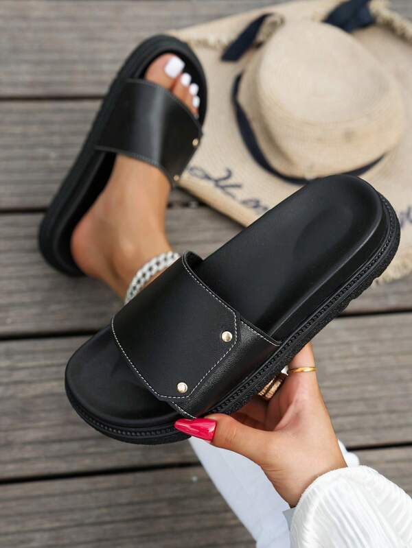 Sandalias planas impermeables de plataforma de unicolor minimalista para mujer, adecuadas para uso al aire libre y playa, tallas grandes, verano