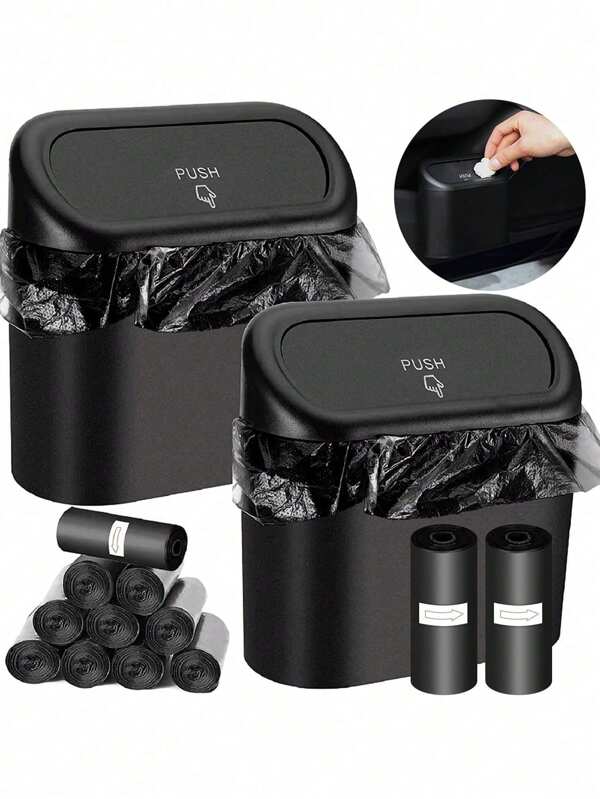 1/Multi-Piece Black Mini Car Trash Can | Leakproof With Lid & Bags - Door/Backseat Hanging Organizer