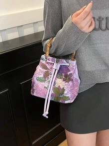 High-End Sequin Bamboo Bucket Bag New Niche Women's Bag Summer Popular Embroidery Straw Woven Crossbody Bag