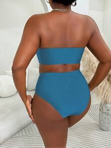 Slaydiva Summer 2pcs/Set Plus Size Women Strappy Bikini Top & Striped Bottom Fashionable Casual Bikini Set - Multicolor - View 2