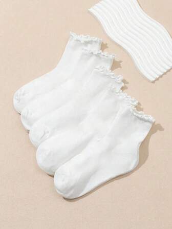 5 Pairs Mid-Calf Socks With White Stripe And Ruffle Trim, Suitable For Wearing At Home, Travel, Vacation And All Seasons