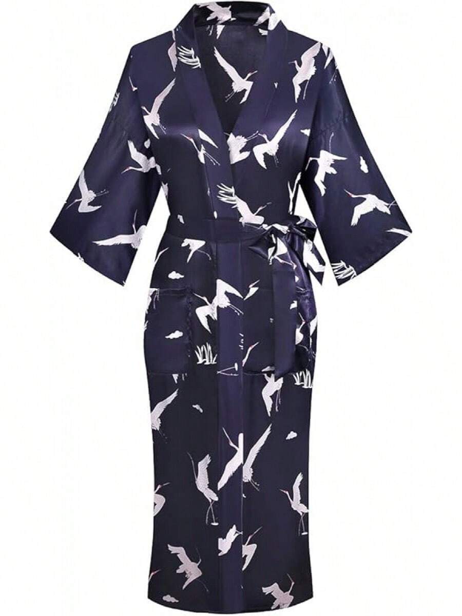DandyChic Women's Long Floral Satin Robes Imitation Silk Sleepwear Bridal Dressing Gown For Bridesmaid Nightgownhalloween - 紫色/鶴 - 查看 1