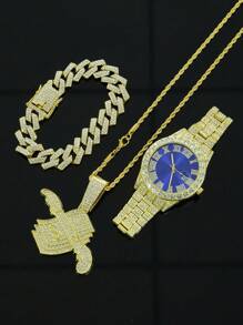 1 Set de joyería para hombre con colgante con signo de dólar con alas todo cubierto de rhinestone, reloj, pulsera, conjunto de joyería de lujo y glamoroso, accesorio de moda brillante