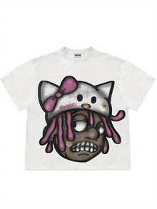 Loose T - Shirt, Summer Casual Women's T - Shirt, 100% Cotton Women's Top. White Short Sleeve T - Shirt With Cartoon Pattern - 白色 - 查看 1