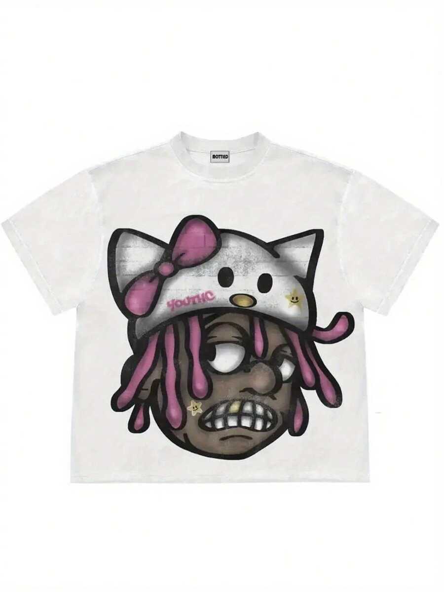 Loose T - Shirt, Summer Casual Women's T - Shirt, 100% Cotton Women's Top. White Short Sleeve T - Shirt With Cartoon Pattern - 白色 - 查看 1