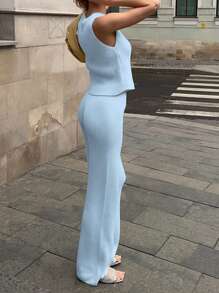 Women Knitted 2-Piece Outfit, Sleeveless Button Closure Vest With Pants Set Summer Outfit