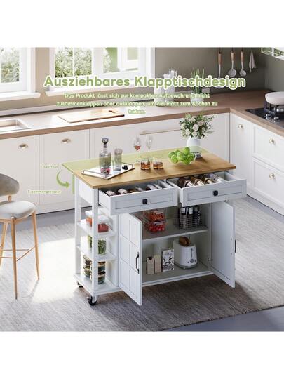 Sairedel Multifunctional Kitchen Trolley Folding Worktop, 120*65 Cm Exp able, Drawers, Spacious Storage, On Wheels Stylish Serving The Kitchen, Dining Room Living view 4