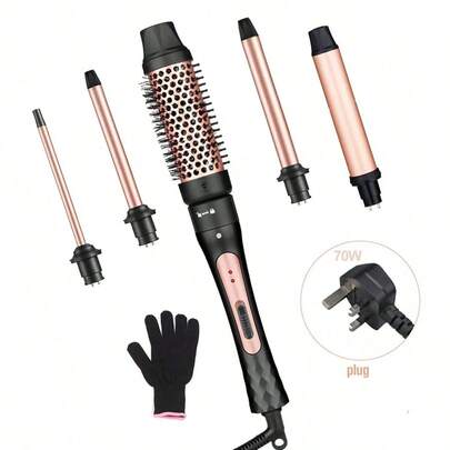 5 合 1 可互换卷发器，包括 32 毫米、25 毫米、19 毫米、9 毫米、38 毫米卷发棒，2 种加热设置，带 1 个防护手套