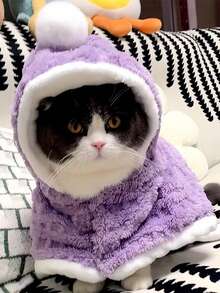 可爱格子方形宠物斗篷，柔软保暖，适合博美犬、比熊犬等小型犬，秋冬季适用 - 淡紫色 - 查看 3