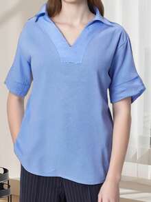 Women's Summer Cotton Linen T-Shirt Casual Loose Fit Solid Lapel V Neck Elbow Sleeve Blouses Tops - 藍色 - 查看 4