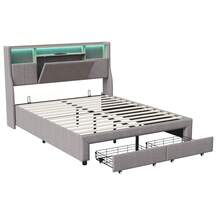 HOKZYHOUSE Cama tapizada 160x200 cm con cinturón ligero y 2 cajones, cama doble, cama juvenil, estructura de cama funcional, cabecero abatible, lino, sin colchón, gris - Gris - Ver 8