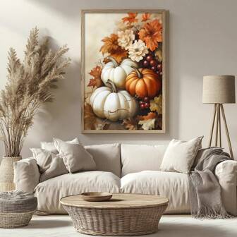 1 Piece,Pumpkins With Elegant Backgrounds And Various Shades, Autumn Leaves Falling And Grapes, Modern Frameless Art Decoration Painting, Printed Posters Mural, Waterproof Canvas,Suitable For Home, Office, Bedroom, Living Room, Study, Bathroom, Bar, Wall Arts And Home Decoration, Is An Ideal Holiday Gift