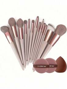 13pcs Makeup Brush Set + 1pc #4 Foundation Brush + 1pc Brown Makeup Sponge + 2pcs Round Powder Puff, Eyeshadow, BB Cream, Concealer, Full Face Soft Cosmetic Makeup Brushes Tools For Women