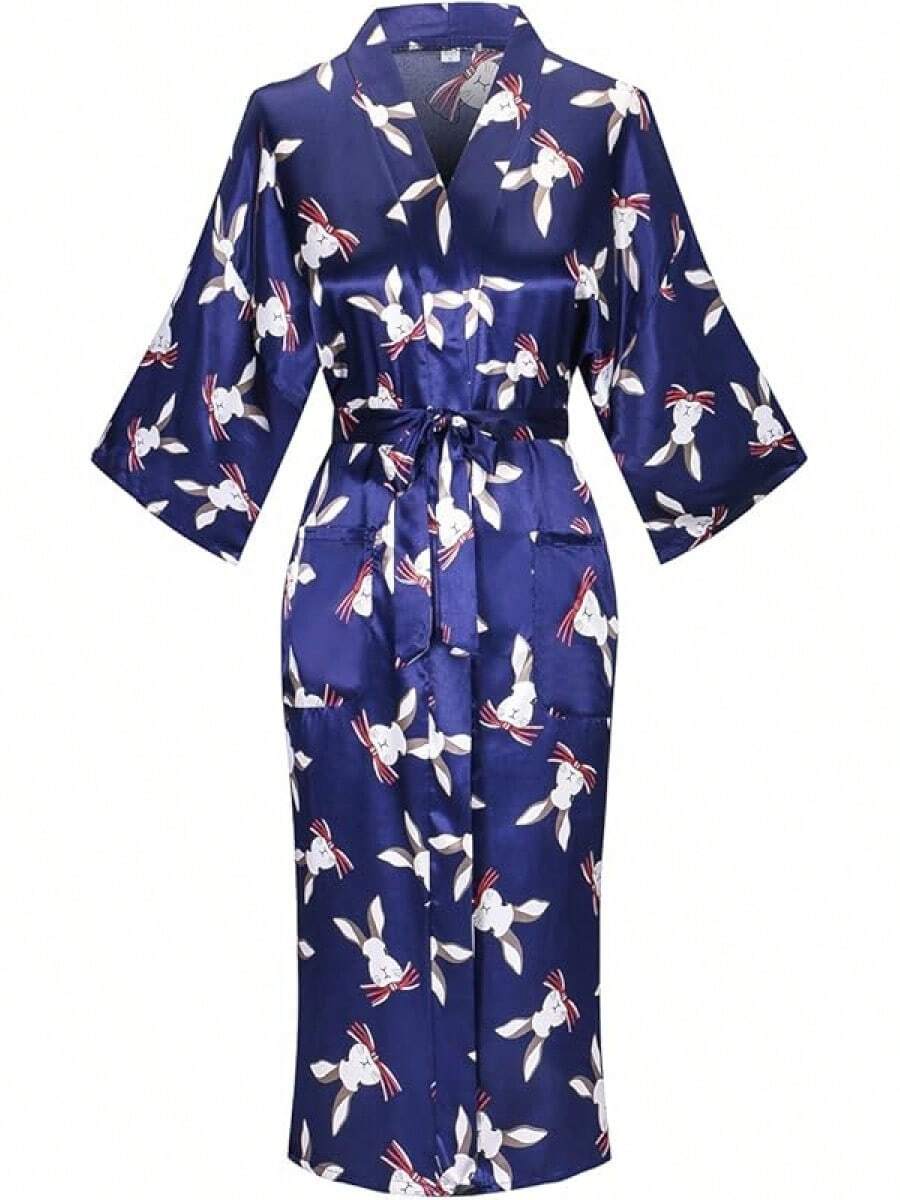 DandyChic Women's Long Floral Satin Robes Imitation Silk Sleepwear Bridal Dressing Gown For Bridesmaid Nightgownhalloween - RABBIT - 查看 1
