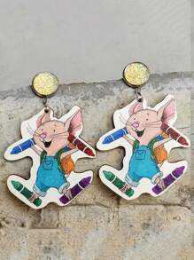 1 Pair School Series Mouse Ear & Colorful Pencil Cup Shaped Stainless Steel Stud Earrings For Students & Teachers, Gold Color