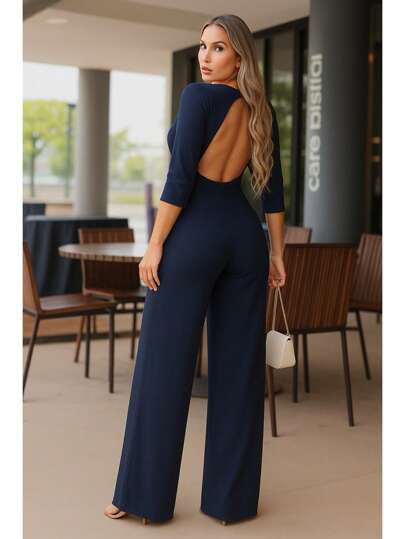 MACACÃO LONGO ELEGANTE ABERTURA NAS COSTAS MANGA 3/4 CHIC PERNA LARGA