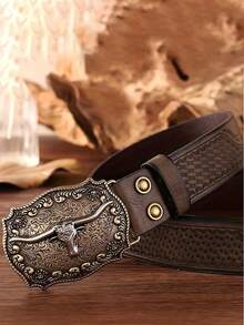 1pc Versatile Western Cowboy Embossed Printed Casual Belt, PU Leather With Rivets, Fashion Bohemian Casual Youth Stylish Waist Belt For All Seasons Casual, Business, Boyfriend Husband Father Dad Men Gift, Daily Wear, Fashion, Teen, Outdoor, Vacation, Athletic, Travel, Street, Boho, Vintage Fall, Autumn, Halloween Autumn-Winter Accessories,Suitable For Teens, Youth,Men,Casual, Outdoor, Athletic, Vacation, Graduation Gifts, Birthday, Daily Wear - 卡其色 - 查看 4