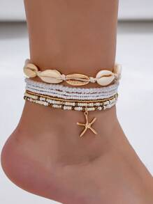 1 Set Nuevo Pulsera bohemia de conchas marinas y cuentas para mujeres, diseño de estrella de mar adecuado para la playa, vacaciones y uso casual