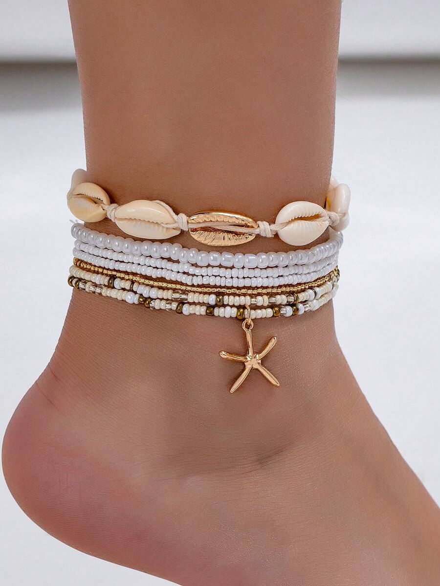 1 Set Nuevo Pulsera bohemia de conchas marinas y cuentas para mujeres, diseño de estrella de mar adecuado para la playa, vacaciones y uso casual