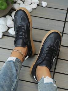 女士新款系带黑色牛津鞋，大码女鞋，现代时尚户外/校园/休闲运动鞋 - 黑色 - 查看 4