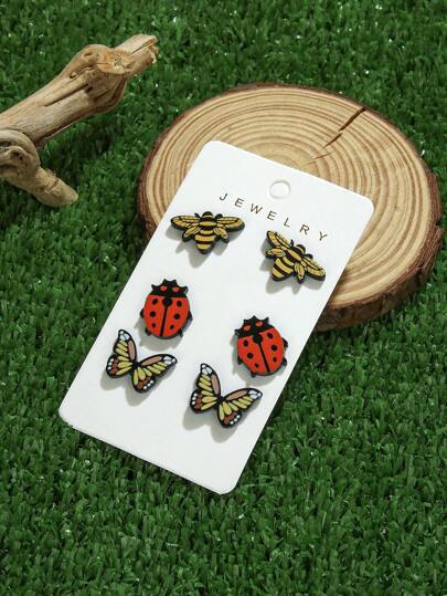Set de 3 pares de aretes con diseños de insectos, mariposas, abejas y mariquitas, accesorios de aretes de moda vintage y creativos