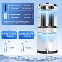 Gravity Water Filter System, 2.25G Berkey Stainless Steel Countertop System Water Purifier With Stand, Reduce 99% Chlorine For Home Camping Backpacking RVing, 2 Carbon And 2 Fluoride Filters