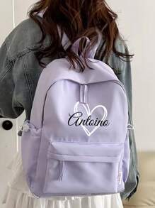 1 pieza Mochila personalizable con estampado de corazón y letras, mochila escolar de unicolor elegante y versátil, adecuada para uso diario, mochila, mochila escolar, mochila, bolsa escolar, bolso, bolsa perfecta para la escuela y la graduación, pequeña mochila rosa, regalo encantador para el regreso a clases