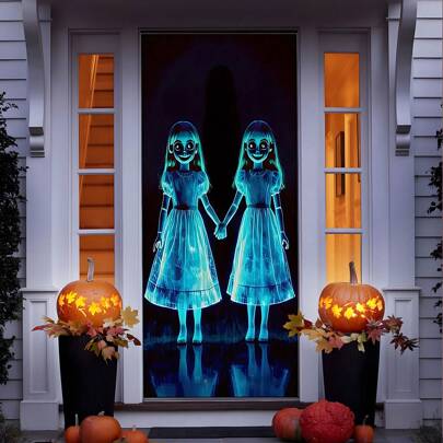 1 件万圣节鬼姐妹门帘 - 恐怖女巫姐妹悬挂门装饰，恐怖姐妹鬼魂门罩，适合万圣节派对，鬼屋装饰，巫术主题万圣节门挂，适合室内外装饰 2025