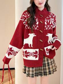 Alicedudu Women's Vintage Geometric Pattern Dropped Shoulder Long Sleeve Casual Knit Cardigan, Suitable For Autumn/Winter Holidays - Red - View 4
