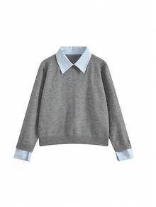 二合一女式 Polo 领毛衣上衣，宽松短款针织套头衫，适合秋冬季 - 灰色 - 查看 5