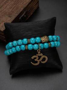 1/2pcs Unisex Adjustable Synthetic Turquoise Glass Beaded Bracelet Set, Versatile Daily Wear