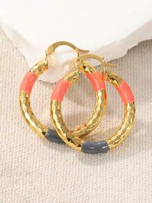 1對時尚玫瑰金銅圓環耳環，女性女孩時尚珠寶配件生日婚禮派對禮物 - 金色 - 查看 8