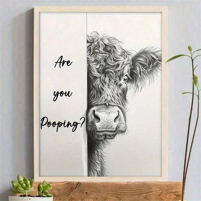 1pc Funny Highland Cow 'Are You Pooping?' Canvas Art Poster, Frameless Farm Animal Wall Decor For Bathroom, Bedroom, Kitchen, Living Room, Office, Cafe,Animals Posters For Room,Canvas Wall Art,Posters For Room,Home Decor,Room Decor Aesthetic,Room Decoration Stuff.Room Decor, Optional Frame