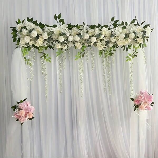 1 pezzo di ghirlanda decorativa artificiale con rose e peonie e foglie in plastica - bianco e rosa, adatta per arco nuziale, appendere a parete, decorazione per matrimoni, feste di fidanzamento, casa (Ognissanti, Natale, Pasqua, Ringraziamento), senza bisogno di elettricità, decorazione regolabile e facile da installare