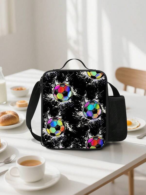 Boys And Girls Print Football Insulated Lunch Box For Kids With Side Pocket & Shoulder Strap Lunch Bag, Perfect For School/Camping/Hiking/Picnic/Beach/Travel
