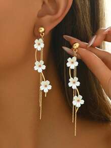 1 Paar elegante Damen Ohrringe, modische künstliche Perlen Muschel 5-Blüten Blume mit rosa Strass Quaste Langanhänger Design, vielseitig für Alltag, alle Jahreszeiten, festliche Anlässe