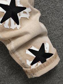 Teens' Fashion Distressed Denim Jeans With Double Embroidery Star Design - Khaki - View 5