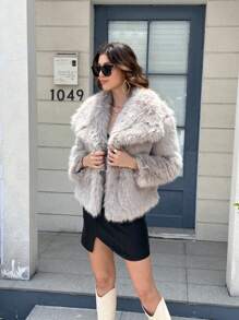 Seelio Autumn/Winter New Thick Faux Fur Collar Faux Fur Lined Mid-Length Fashionable Fur Coat