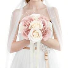 Ramo de novia artificial, ramo de dama de honor de rosas falsas hecho a mano, decoración central para la recepción de boda