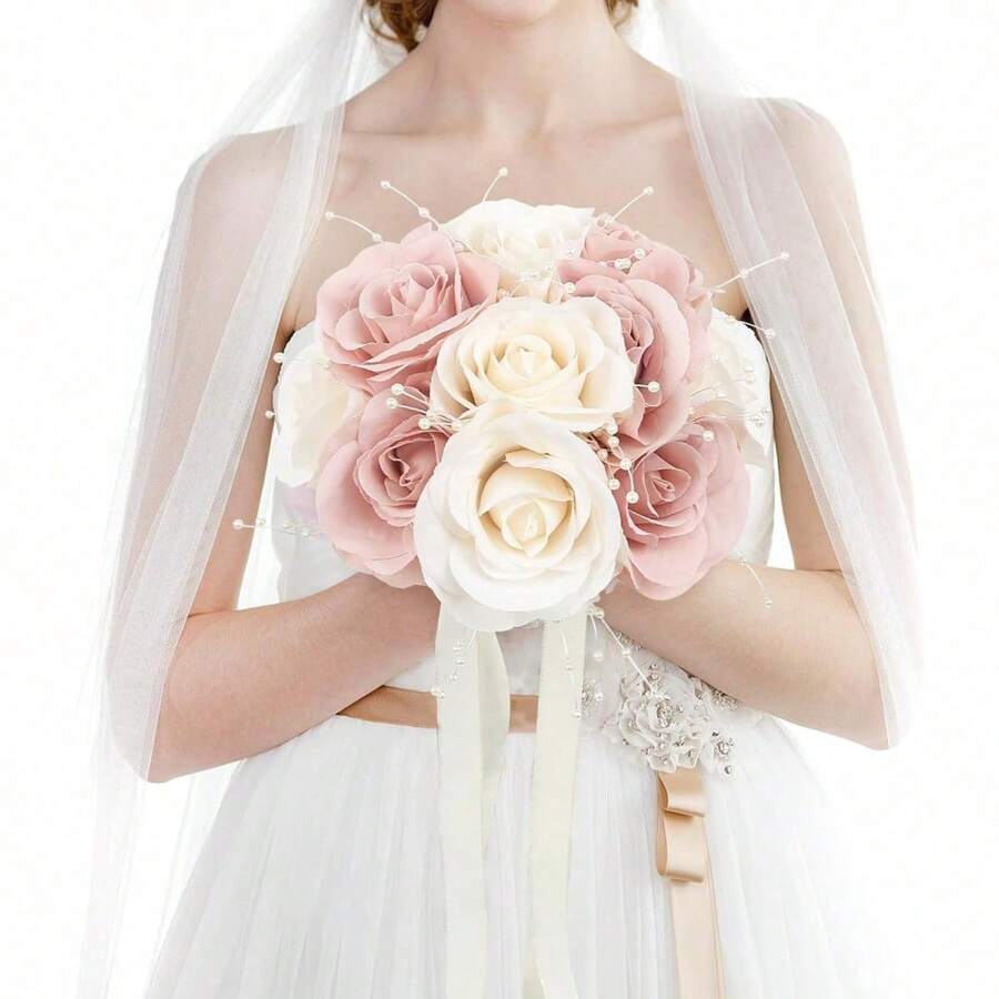 Ramo de novia artificial, ramo de dama de honor de rosas falsas hecho a mano, decoración central para la recepción de boda