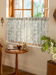 1 件奢华欧式简约薄纱短窗帘，三色几何线条和叶子图案田园设计，适用于厨房、餐厅、客厅、卧室、办公室和洗衣房装饰