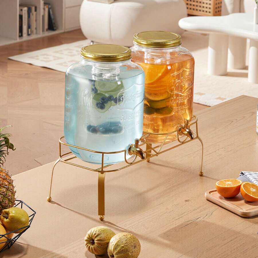Beverage Dispenser, 2 Pack 2 Gallon Drink Dispensers For Parties, Glass Juice Dispenser With Metal Stand, Stainless Steel Spigot, Infuser, Iced Tea Lemonade Juice Water Dispensers For Parties - Glass 2x 2 Gal - 查看 1