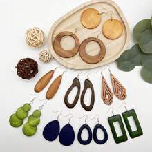 9 pièces/set Boucles d'oreilles pendantes en bois géométrique classique, boucles d'oreilles surdimensionnées de style bohème à la mode pour femmes, style de vacances - Multicolore - Voir 2