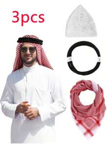 3-Piece Set Arabic Men's Headscarf, Middle East Dubai Shawl Scarf, Includes 1 Solid Bohemian Polyester Headband And 1 Hand-Knitted White Cap, Boho Style, Suitable For Middle East Travel/Arabic Outfit/Bohemian Fashion