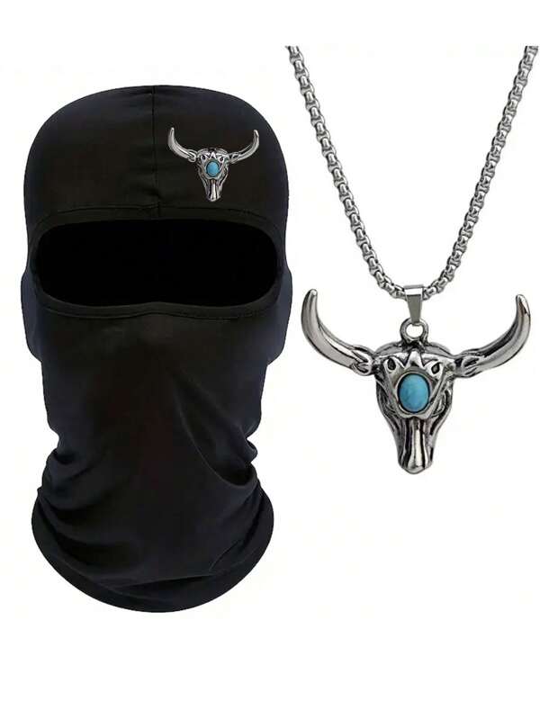 Set de 2 piezas que incluye máscara facial de fibra de poliéster con diseño de toro de Street Fighter y un colgante, accesorio con patrón realista de toro en 3D apto para todo el año para exteriores, conducción, motociclismo y moda callejera