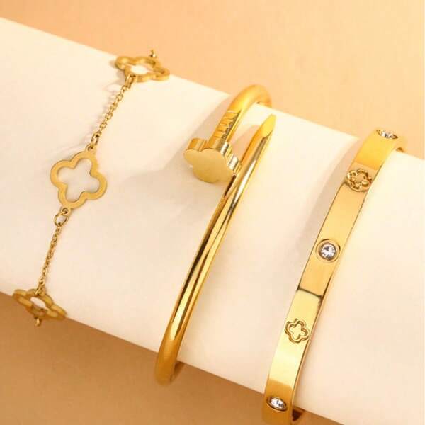2pcs Set Elegant Style Stainless Steel Bracelet And Necklace With Glass Rhinestone And Clover Elements, 18k Gold Plated, Suitable For Women's Daily Wear Or Gift