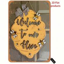Country-Style "Welcome To Our Honeycomb" Metal Sign With Bees And Plaid Lace – 8x12 Inch Retro Wall Decoration For Homes, Kitchens, Bathrooms, Farmhouses And Gardens, Vintage Home Decoration - 彩色 - 查看 3