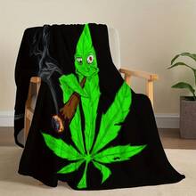 Contemporary Flannel Throw Blanket With Leaf Character Design - Digital Print, Polyester, All-Season Knitted Blanket For Home Decor, Office, And Outdoor Camping - 60*80inch(150*200cm) - View 3